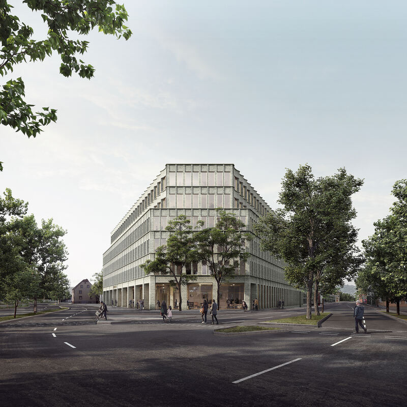 So soll das repräsentative Gebäude am Stadteingang zwischen Karlstraße (links) und Stuttgarter Straße fertig aussehen. Foto: Ren