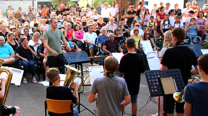 Gespannt lauscht das Publikum dem Konzert der WHR-Bläserklassen im Pfullinger Schlosshof.  FOTO: LEIPPERT