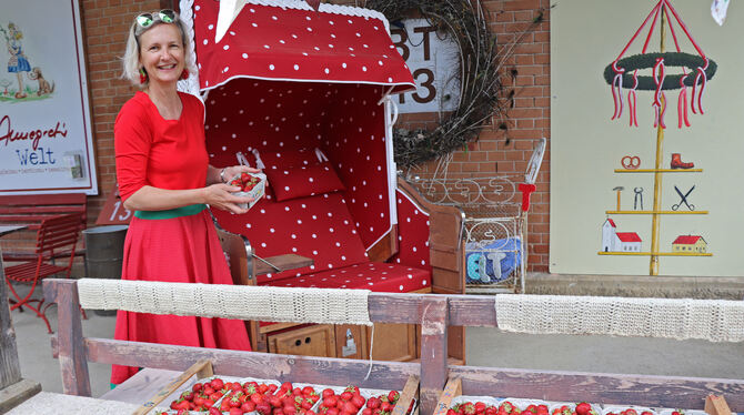 Erstmals gibt es im Albgut einen Johanni-Markt. Annegret Tress bietet frische Erdbeeren an.