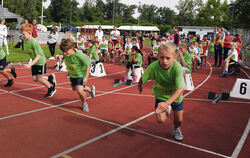 Startschuss frei für einen 50-Meter-Lauf mit Mädchen und Jungen beim Kreisfinale von "Jugend trainiert für Olympia" im Pliezhäus