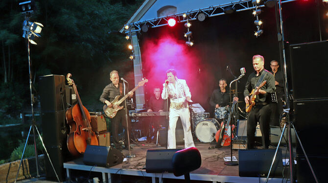 Die Band »History of Rock’n’ Roll« mit Elvis (Bob Dawn) sorgte beim Sommerfest in Wimsen für beste Stimmung.  FOTO: BLOCHING