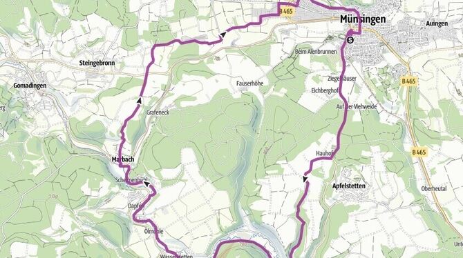 Die 26 Kilometer-Tour kann abgekürzt werden: ab Marbach einen Zug der Schwäbischen Alb-Bahn zurück nach Münsingen nehmen.  KARTE