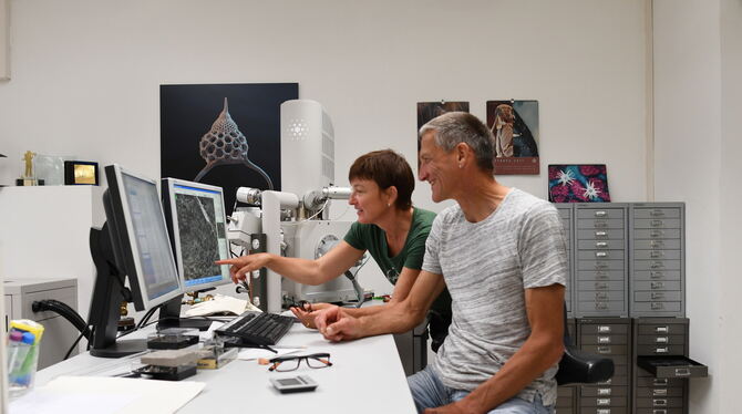 Sie sind »Eye of Science«: Mikrofotograf Oliver Meckes und Biologin Nicole Ottawa blicken auf die Bildschirme eines Raster-Elekt