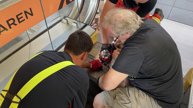 Die Metzinger Feuerwehr befreit einen Hund aus einer Rolltreppe in der Outletcity Metzingen.
