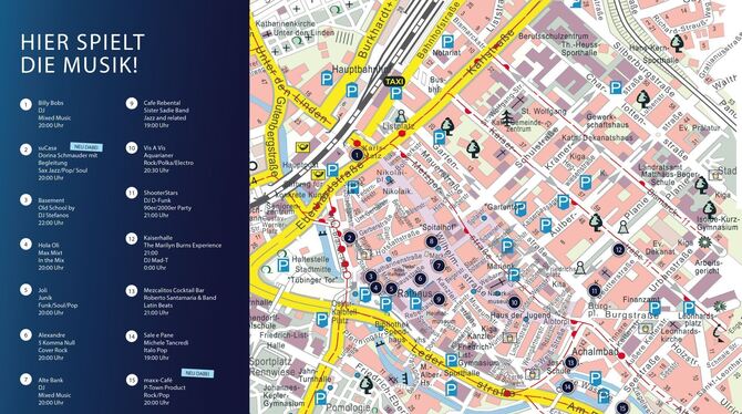 Die Karte veranschaulicht die 17 Stationen der Reutlinger Musiknacht. FOTO: RGI Die Karte veranschaulicht die 17 Stationen der Reutlinger Musiknacht. FOTO: RGI