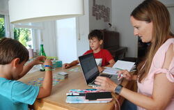 Beruf und Familie vereint: Dunja Schenk arbeitet am Laptop, ihre Kinder Moritz (5) und Felix (9) spielen in Ruhe Karten.  FOTO: 