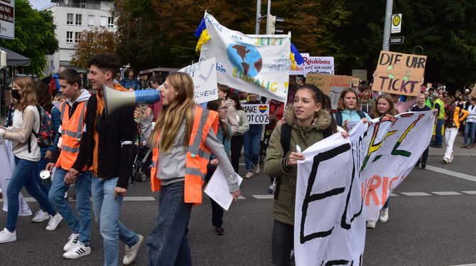 Hunderte Schüler marschierten mit bunten Bannern und lauten Sprüchen duch Reutlingen. Sie forderten die Energiewende.