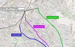 Drei Trassenvarianten auf einen Blick. Die Lederstraßentrasse ist 2,4 Kilometer lang, die Trasse Gartenstraße 2,1 Kilometer und