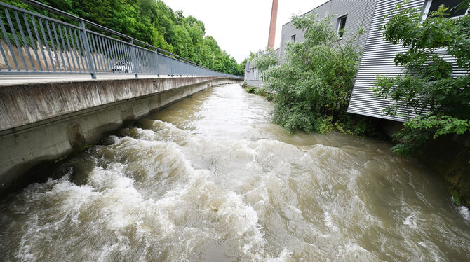 So soll der Fluss nicht mehr aussehen: Blick auf die eingezwängte Echaz beim Stoll-Areal in der Emil-Adolff-Straße.  FOTO: PIETH