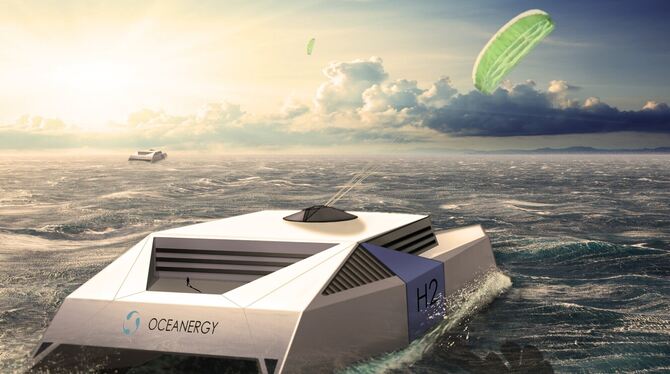 Das Modell eines Kite-Schiffes zur Energiegewinnung auf hoher See.  FOTO: OCEANERGY