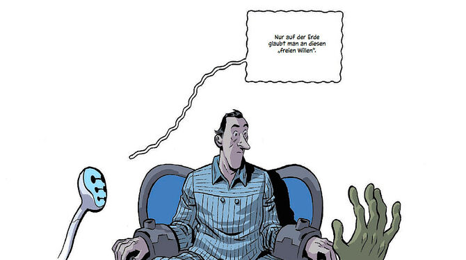 Billy Pilgrim, Hauptfigur in Vonneguts Roman »Schlachthof 5«, als Gefangener der Außerirdischen vom Planeten Tralfamadore.  ILLU