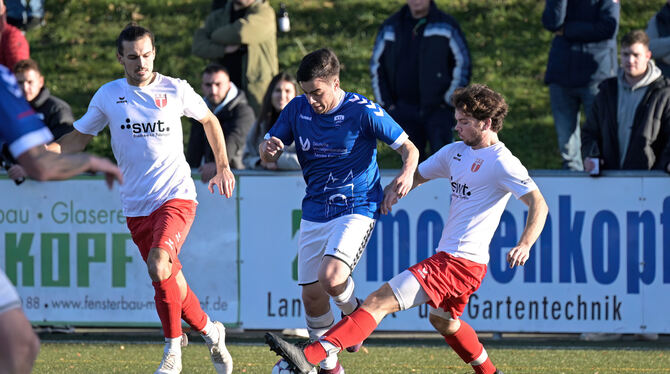 VfL-Mittelfeldspieler Albion Dreshaj (links) gegen Marius Thomas von der TSG. FOTO: BAUR