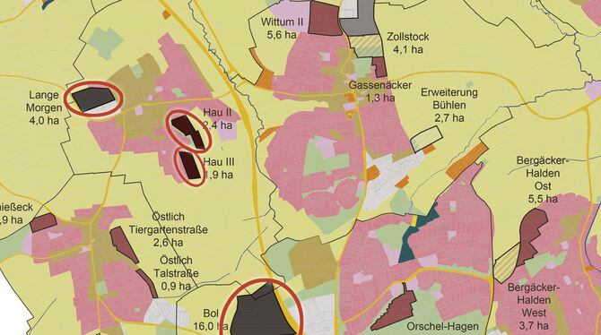 Rot eingekreist sind die Flächen, um die es im Flächennutzungsplan gehen soll. Vor allem das Gebiet »Bol« lässt die Sickenhäuser