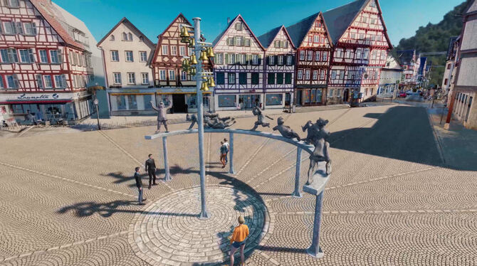 So könnte der Bad Uracher Marktplatz aussehen im Juli 2023. Diese Visualisierung mit den Schäferlauf-Skulpturen von Peter Lenk p