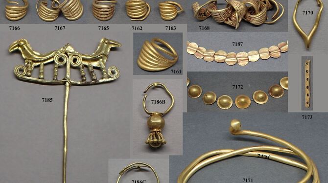 Haarringe (oben links), eine Anstecknadel (links unten), Halsketten (Mitte) und ein Halsreif (unten rechts) gehörten zu den Gold