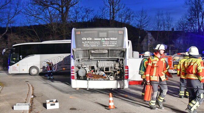 Der mit einem Stahlseil gesicherte Unfallbus in Dettingen.  FOTO: MEYER
