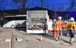 Der mit einem Stahlseil gesicherte Unfallbus in Dettingen.  FOTO: MEYER