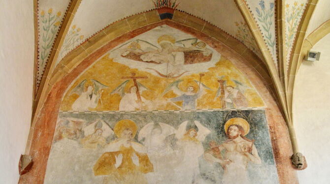 In der Upfinger Marienkirche stellt ein Wandbild von 1476 die Pest dar: Der zürnende Gottvater schießt seine Pfeile auf die sünd