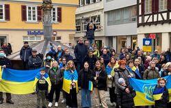 Blau-Gelbes Flaggenmeer: Der Holzmarkt war bei der Kundgebung zum Jahrestag des Krieges in der Ukraine gut besucht.  FOTO: RUNGE