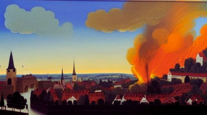 Das kann ChatGPT leider noch nicht: Bilder erstellen, so wie diese künstliche Interpretation des Reutlinger Stadtbrands von 1726