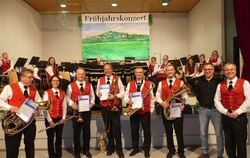 Für ihre jahrzehntelange Treue sind Aktive des Musikvereins Grafenberg im Rahmen des Frühjahrskonzerts geehrt worden.  FOTO: SAN