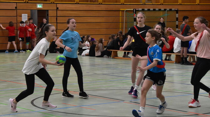 Sechsklässlerinnen des Quenstedt-Gymnasiums im schulinternen Duell um den Handball-Pokal.  FOTO: MEYER