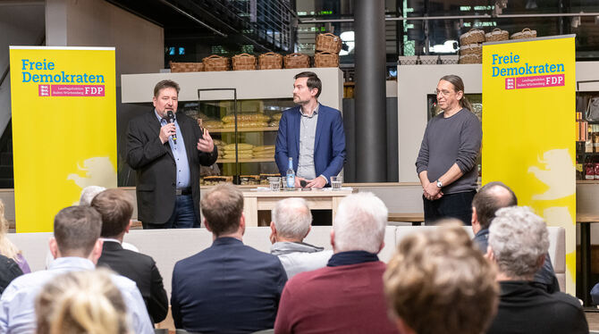 Der FDP-Landtagsabgeordnete Daniel Karrais (Mitte) spricht mit Thorsten Schwäger (links) und Elmar Geese über mögliche Lösungen