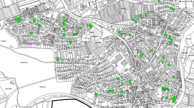 In Pliezhausen gibt es Potenzial. Die grün markierten Flächen sind Baulücken im Hauptort. Links oben ist das Baugebiet Baumsatz