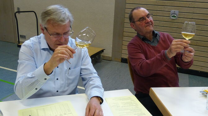 Auch die Farbe des schwäbischen Getränks spielt bei der Beurteilung eine Rolle. Ludwig Kemmler (links) und Friedrich Kemmler beg