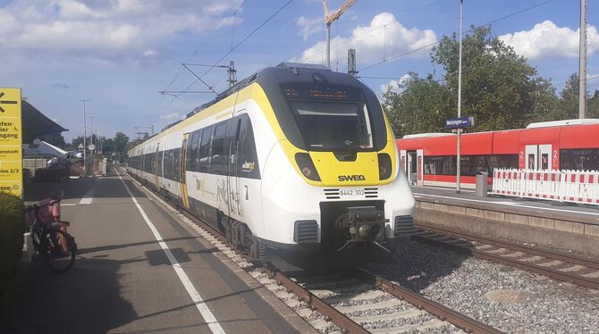 Ein IRE 6 der SWEG Bahn Stuttgart fährt durch den Bahnhof Metzingen.  FOTO: PFI