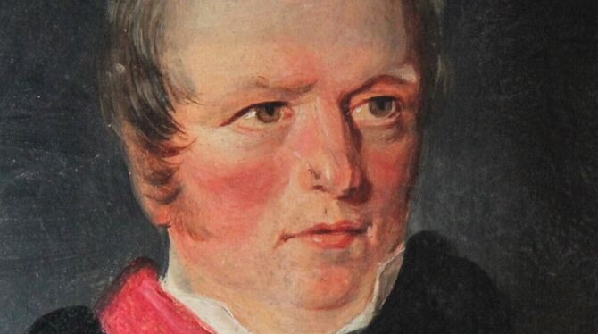 Ein Porträt Gustav Schwabs (verkleinerte Kopie eines Gemäldes nach Carl Rahl von Wilhelm Pilgram, 1834) und eine Erstausgabe von