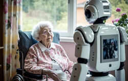 Bald vielleicht Wirklichkeit: Roboter helfen Senioren. Noch hat das Bild eine Künstliche Intelligenz erzeugt. FOTO: AKUALIP/ADOB