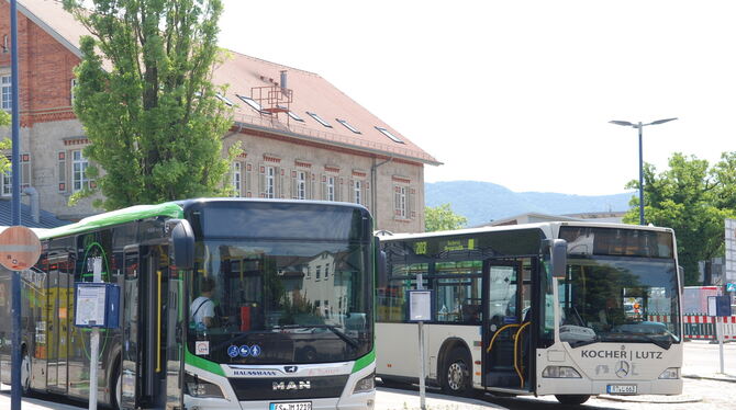Vor dem Metzinger Bahnhof treffen sich Stadt- und Regionalbusse und nehmen Fahrgäste auch aus den Zügen auf.  FOTO: PFISTERER