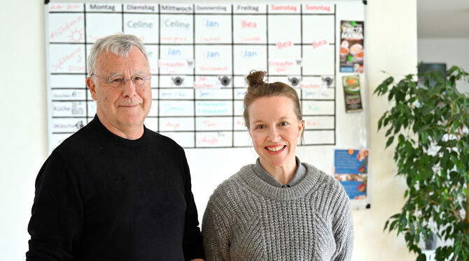 Gunnar Laufer-Stark, Vorstandsvorsitzender der Nestbau AG und Annette Guthy aus dem Aufsichtsrat in der behindertengerechten WG