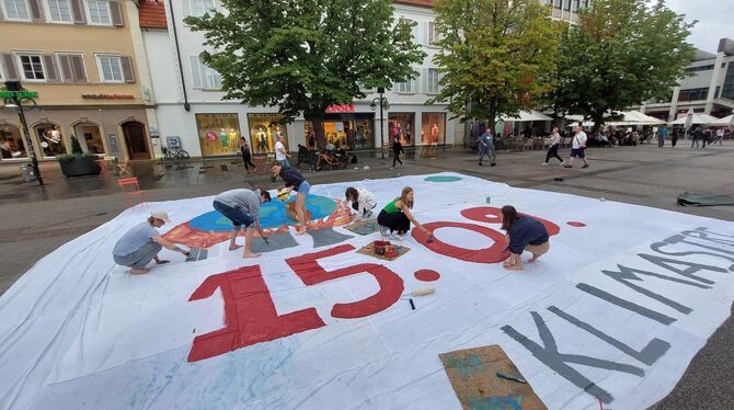 Ein gutes Dutzend junge Leute hat die Protestankündigung mit Wandfarbe auf Leintüchern gemalt.