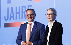 Angesichts guter Umfragewerte starten die AfD-Parteivorsitzenden Tino Chrupalla und Alice Weidel gut gelaunt in den Parteitag.  