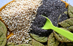 Chia-Samen (dunkel), Quinoa-Pops und Plätzchen mit Matcha: Superfoods sollen besonders gesund sein.  FOTO: WEIHRAUCH/DPA