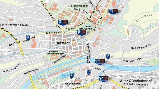 So sieht die Übersicht über die Parkhäuser auf der Internetseite der Stadt Tübingen gerade aus. Fünf der zentralen Parkhäuser si