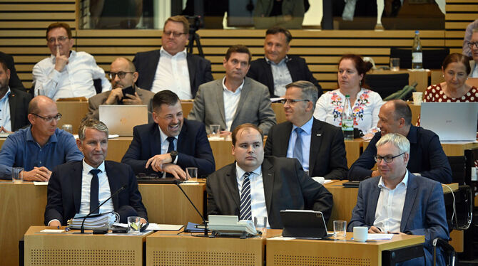 Abgeordnete der AfD freuen sich nach der Abstimmung über die Grunderwerbssteuer im Plenarsaal des Thüringer Landtags über das Er