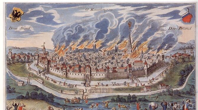 Der verheerende Stadtbrand von Reutlingen im Jahr 1726 in einer historischen Darstellung.