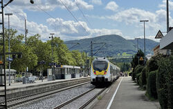 Ein Regionalzug steht auf einem Gleis im Bahnhof von Metzingen.