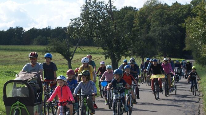 Etwa 50 Kinder und Erwachsene radelten bei der Fahrraddemo »Kidical Mass« bei bestem Wetter über die Härten.  FOTO: VEREIN