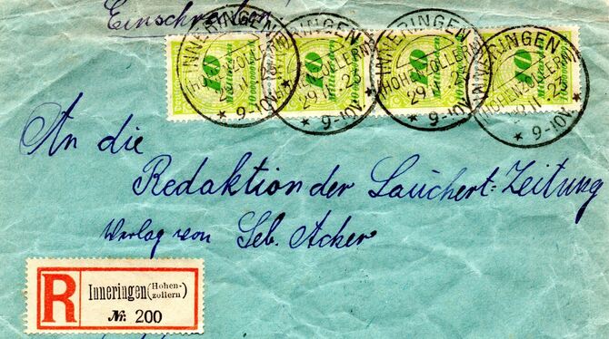 Dieser Brief für 160 Milliarden Mark Gebühr wurde Ende November 1923 von Inneringen nach Gammertingen verschickt.