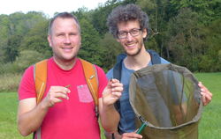 Thomas Bamann (links) mit einer Sumpfschrecke und der Larve einer Feldgrille. Er und Fabian Roser stehen vor einem Feuchtgebiet 
