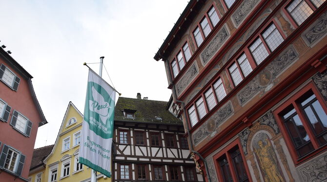 Die Flagge »Bürgermeister für den Frieden« vor dem Tübinger Rathaus wurde bisher noch nicht attackiert.