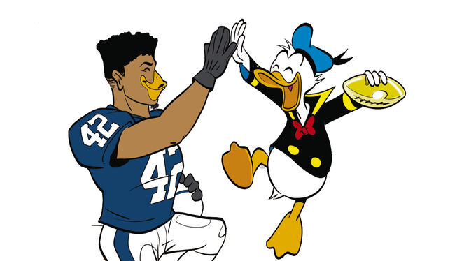 Sie sind ganz schnell Freunde geworden: Donald Duck und der Reutlinger Footballer, der im Comic so aussieht.