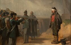 Standrechtliche Erschießung eines Schwarzwaldbauern durch preußische Soldaten. Ölskizze des badischen Hofmalers Johann Baptist K