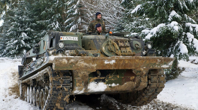 Auf dem Truppenübungsplatz ist ein Bergepanzer im Dienste des Naturschutzes im Einsatz.  FOTOS: LENK