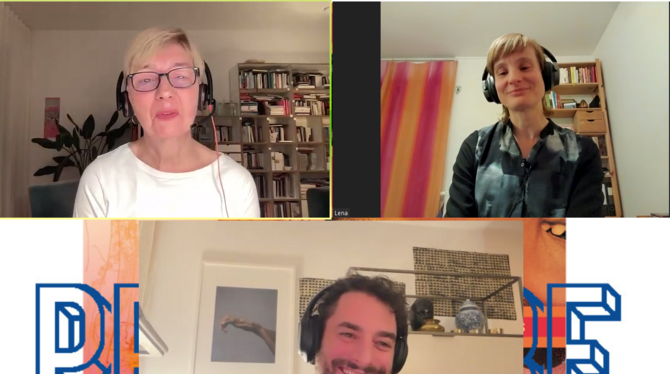 Im Online-Gespräch: (von links) Moderatorin Sigrid Brinkmann, Autor Hugo Lindenberg und Übersetzerin Lena Müller.