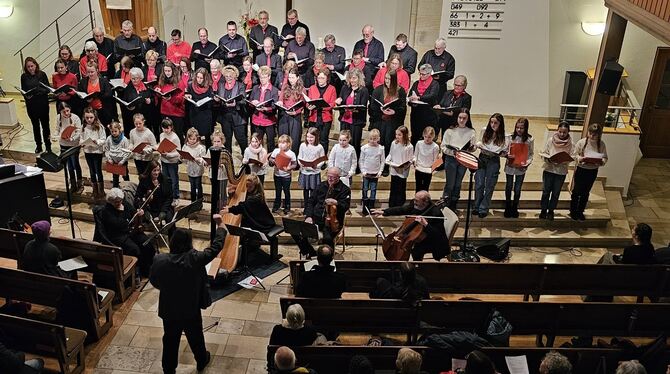 Eine beeindruckende Zahl an großen und kleinen Sängern und Musikern füllte den Altarraum der Gomaringer Kirche. FOTO: JOCHEN